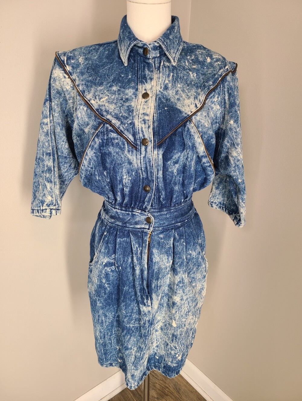 80s Acid Wash Avant Garde Zipper Detail Structured Mini Dress Size Medium